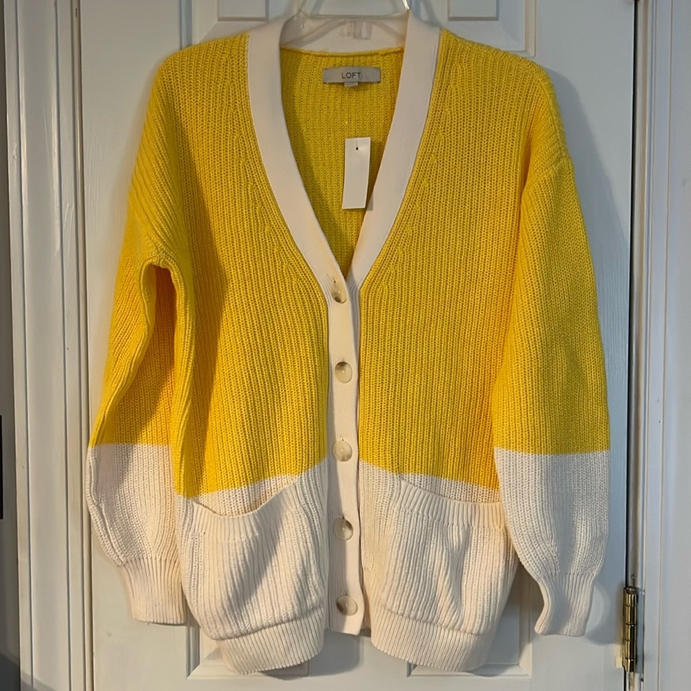 NWT Loft Yellow and White Cardigan Size Medium